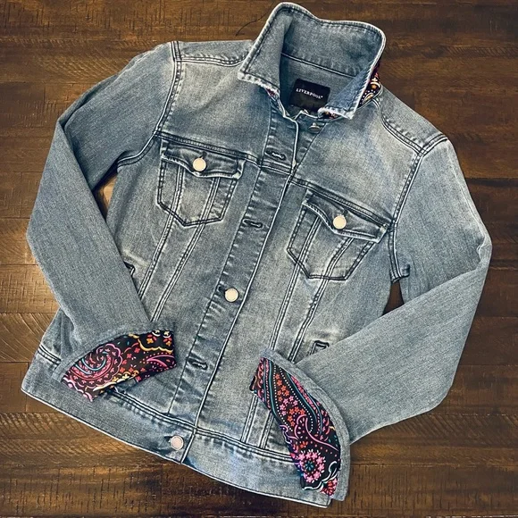 Beautiful upcycled Liverpool denim jacket embellished with a lovely silk scarf. - Picture 2 of 2